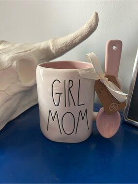 Rae Dunn White and Blush Pale Pink Girl Mom Mug with Ceramic Spoon.